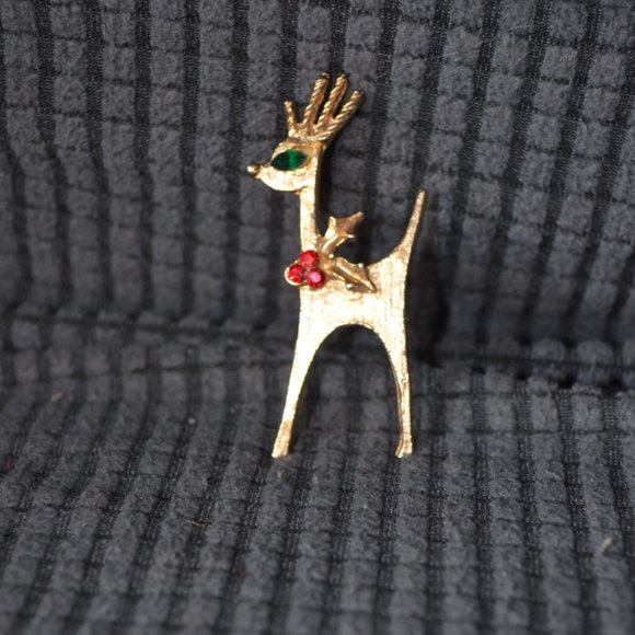 Vintage Unknown Brooch Pin Christmas Deer Rhinestones Golden-Green-Red (2 1/4') - Picture 2 of 4
